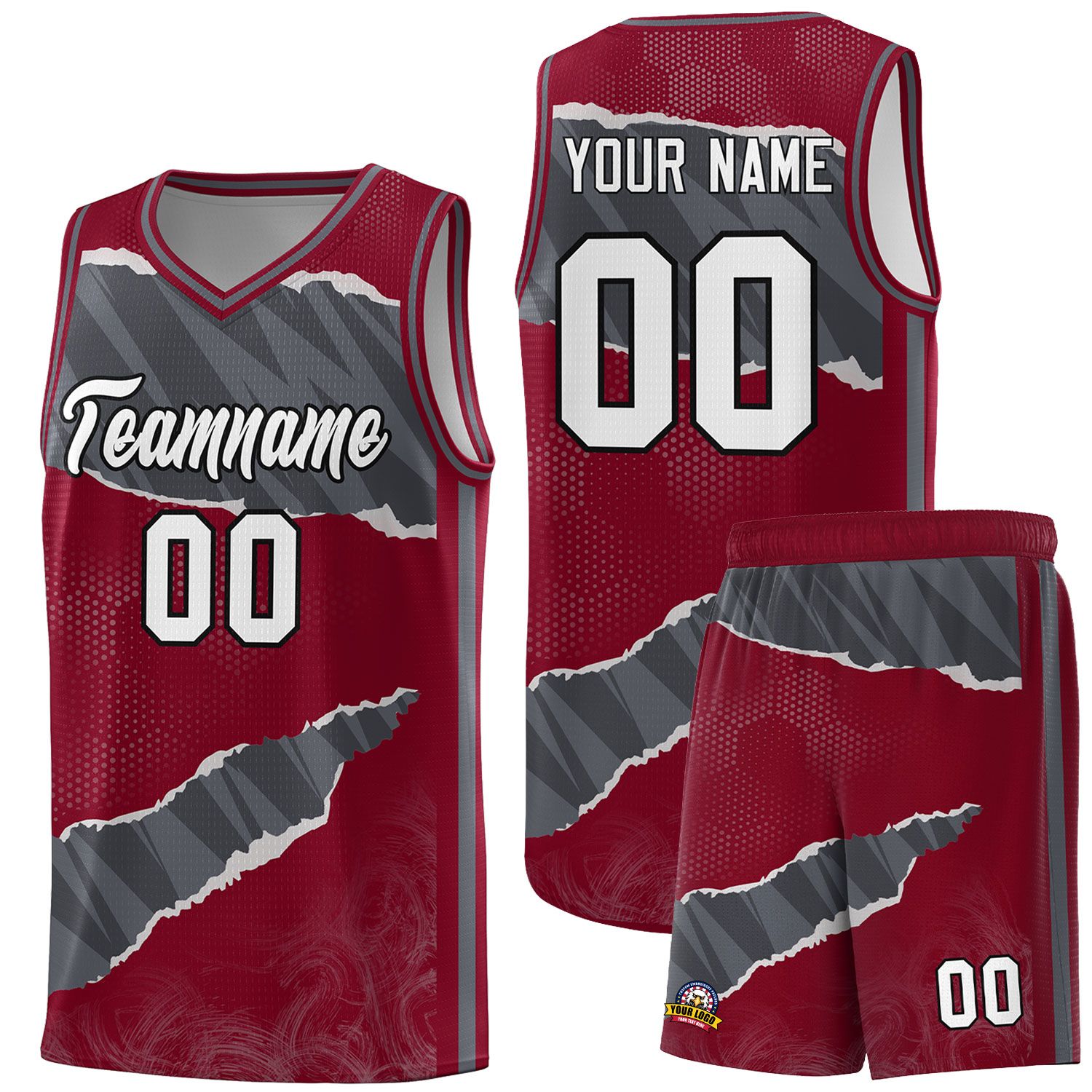 Custom Crimson Gray-Dark Gray Tear Graffiti Pattern Sports Uniform Basketball Jersey