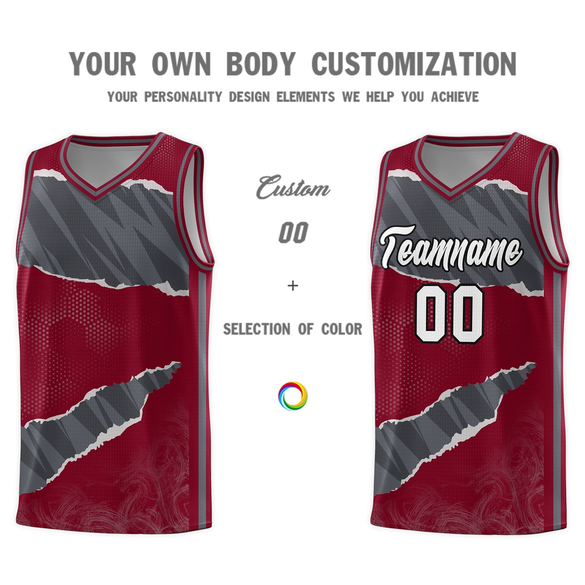 Custom Crimson Gray-Dark Gray Tear Graffiti Pattern Sports Uniform Basketball Jersey