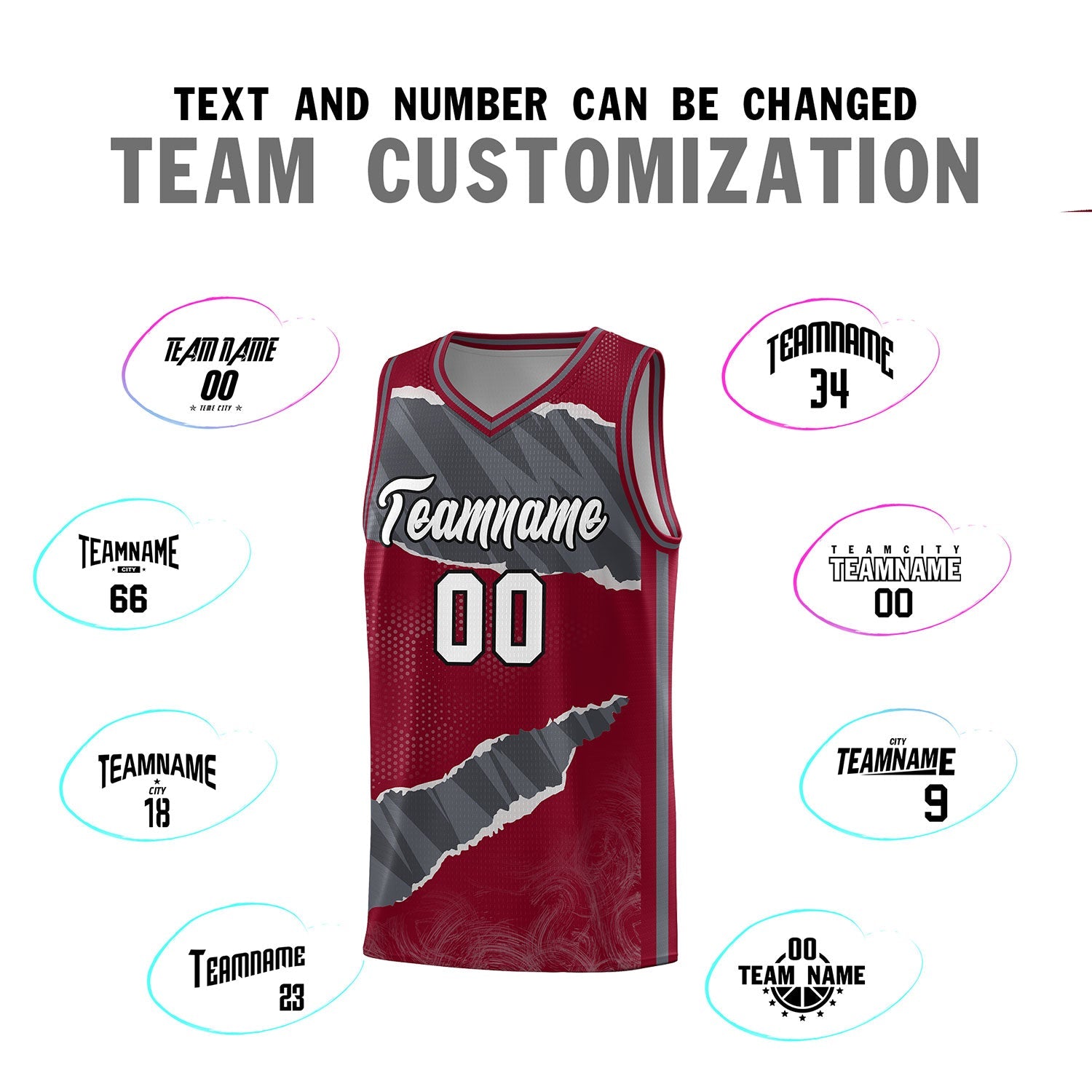 Custom Crimson Gray-Dark Gray Tear Graffiti Pattern Sports Uniform Basketball Jersey