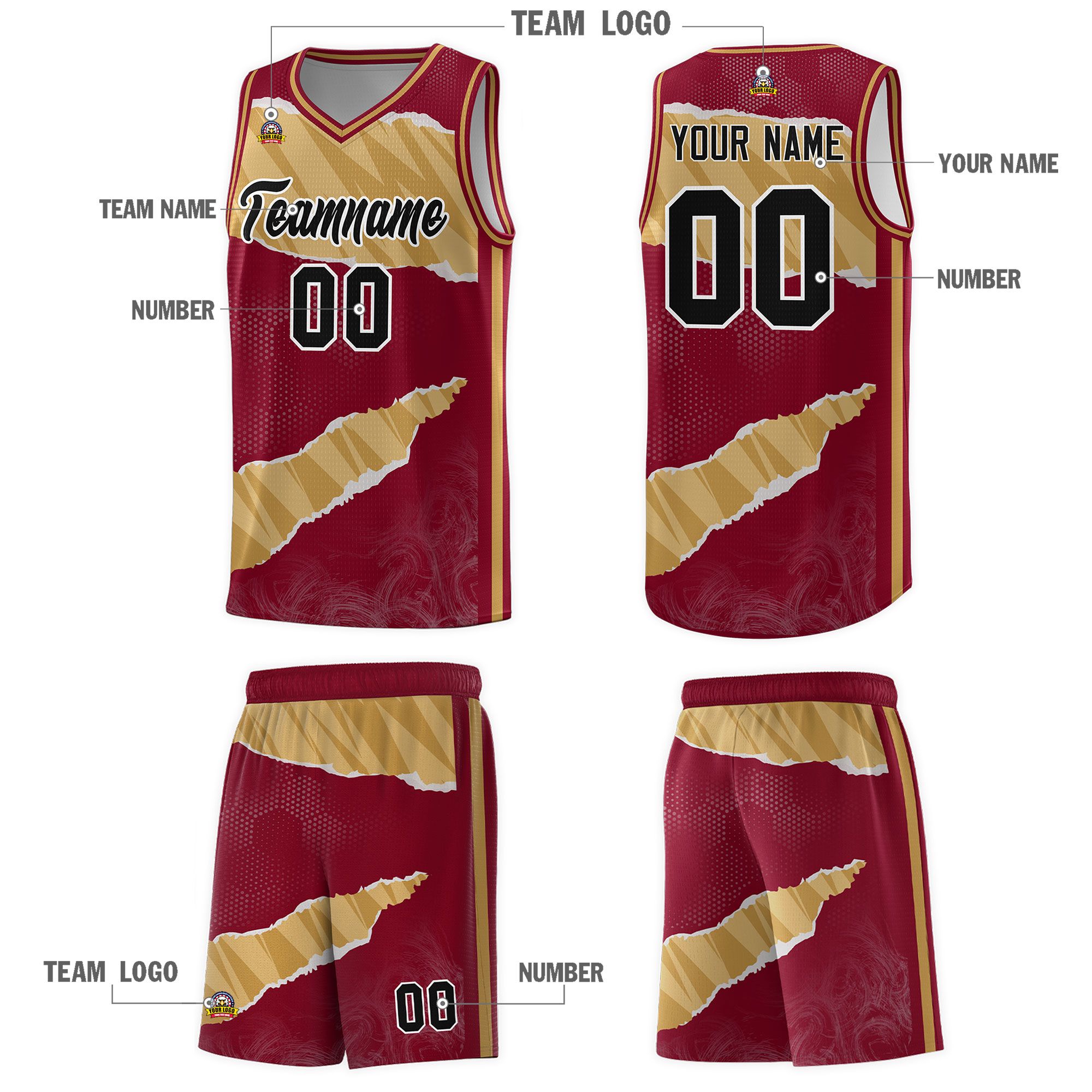 Custom Crimson Old Gold-Old Gold Tear Graffiti Pattern Sports Uniform Basketball Jersey