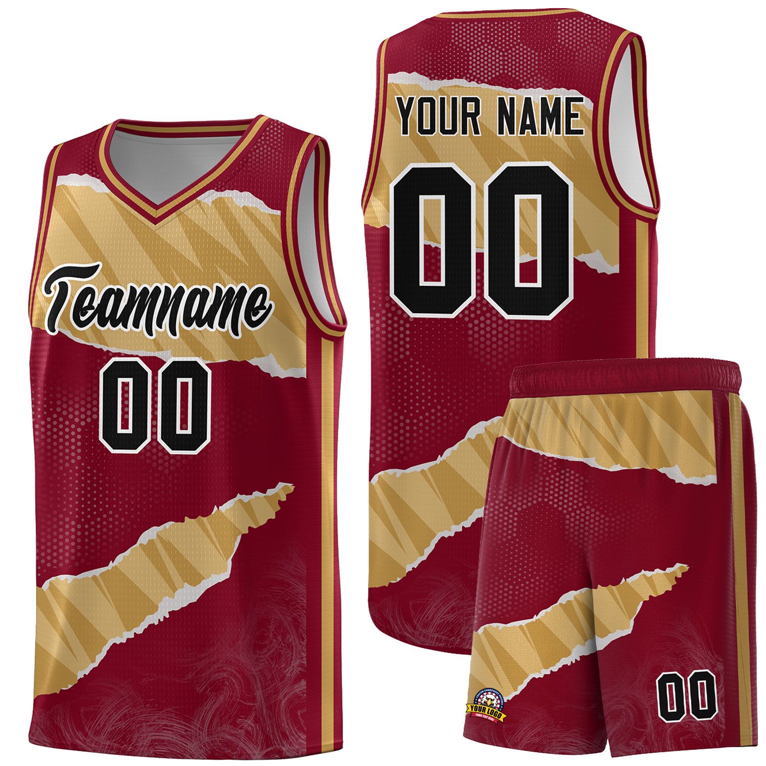 Custom Crimson Old Gold-Old Gold Tear Graffiti Pattern Sports Uniform Basketball Jersey