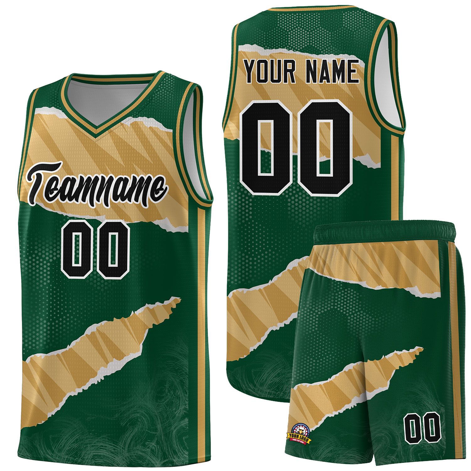 Custom Hunter Green Old Gold-Old Gold Tear Graffiti Pattern Sports Uniform Basketball Jersey