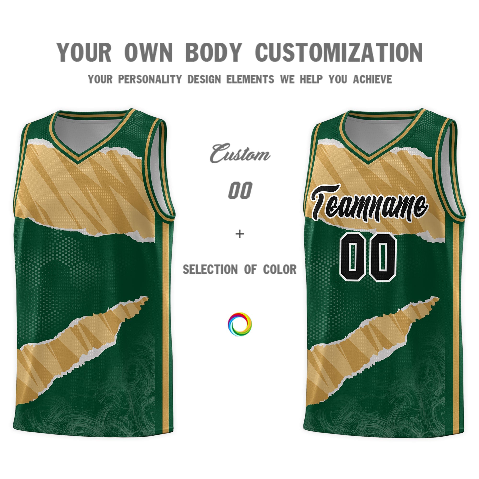 Custom Hunter Green Old Gold-Old Gold Tear Graffiti Pattern Sports Uniform Basketball Jersey