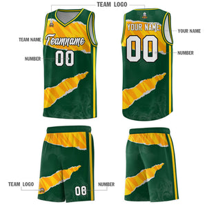 Custom Hunter Green Gold-Orange Tear Graffiti Pattern Sports Uniform Basketball Jersey