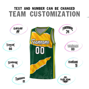 Custom Hunter Green Gold-Orange Tear Graffiti Pattern Sports Uniform Basketball Jersey