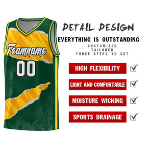 Custom Hunter Green Gold-Orange Tear Graffiti Pattern Sports Uniform Basketball Jersey