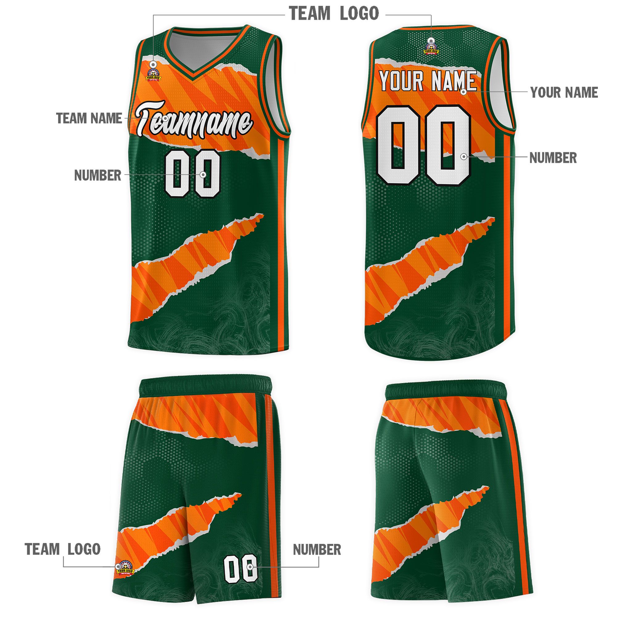 Custom Hunter Green Orange-Gold Tear Graffiti Pattern Sports Uniform Basketball Jersey