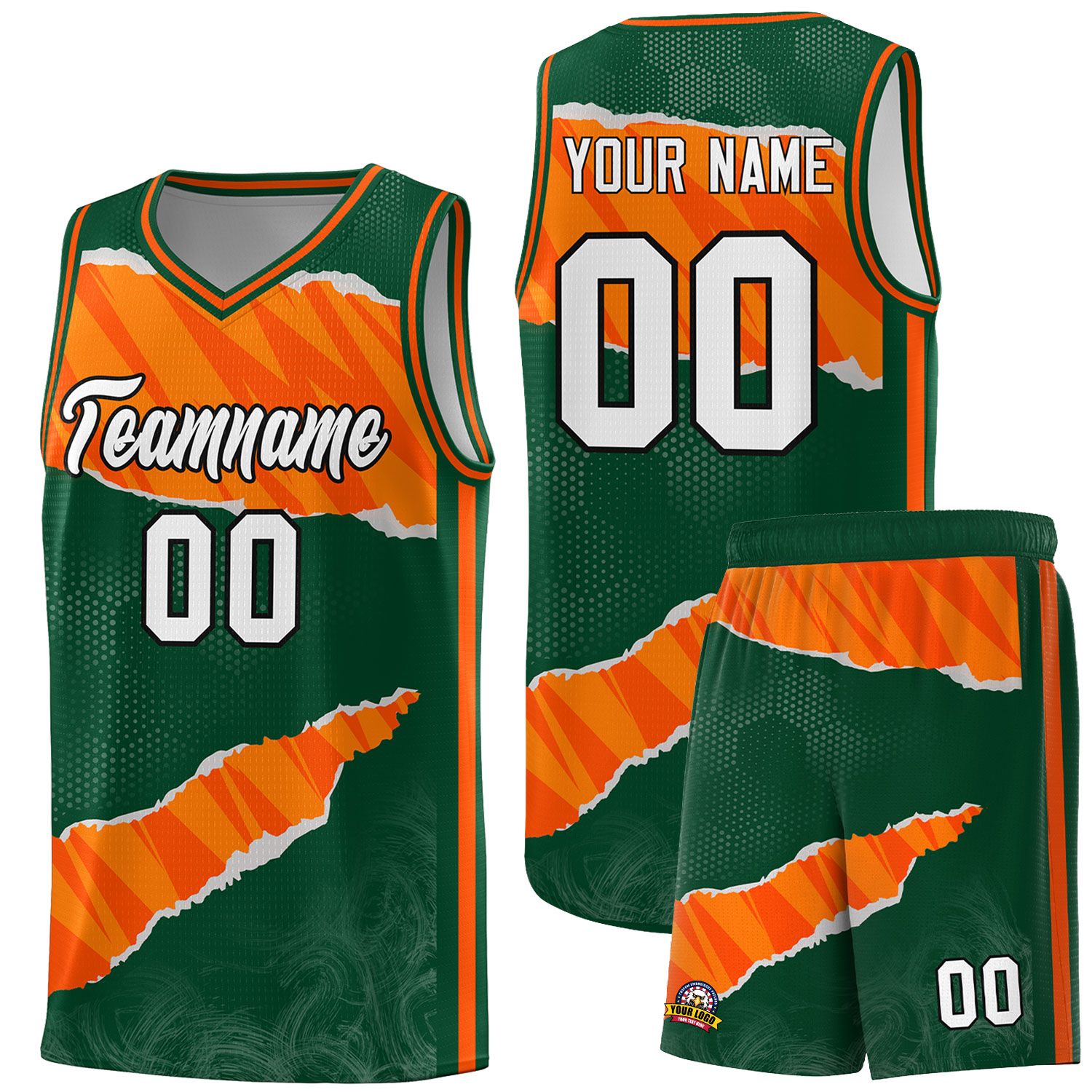 Custom Hunter Green Orange-Gold Tear Graffiti Pattern Sports Uniform Basketball Jersey