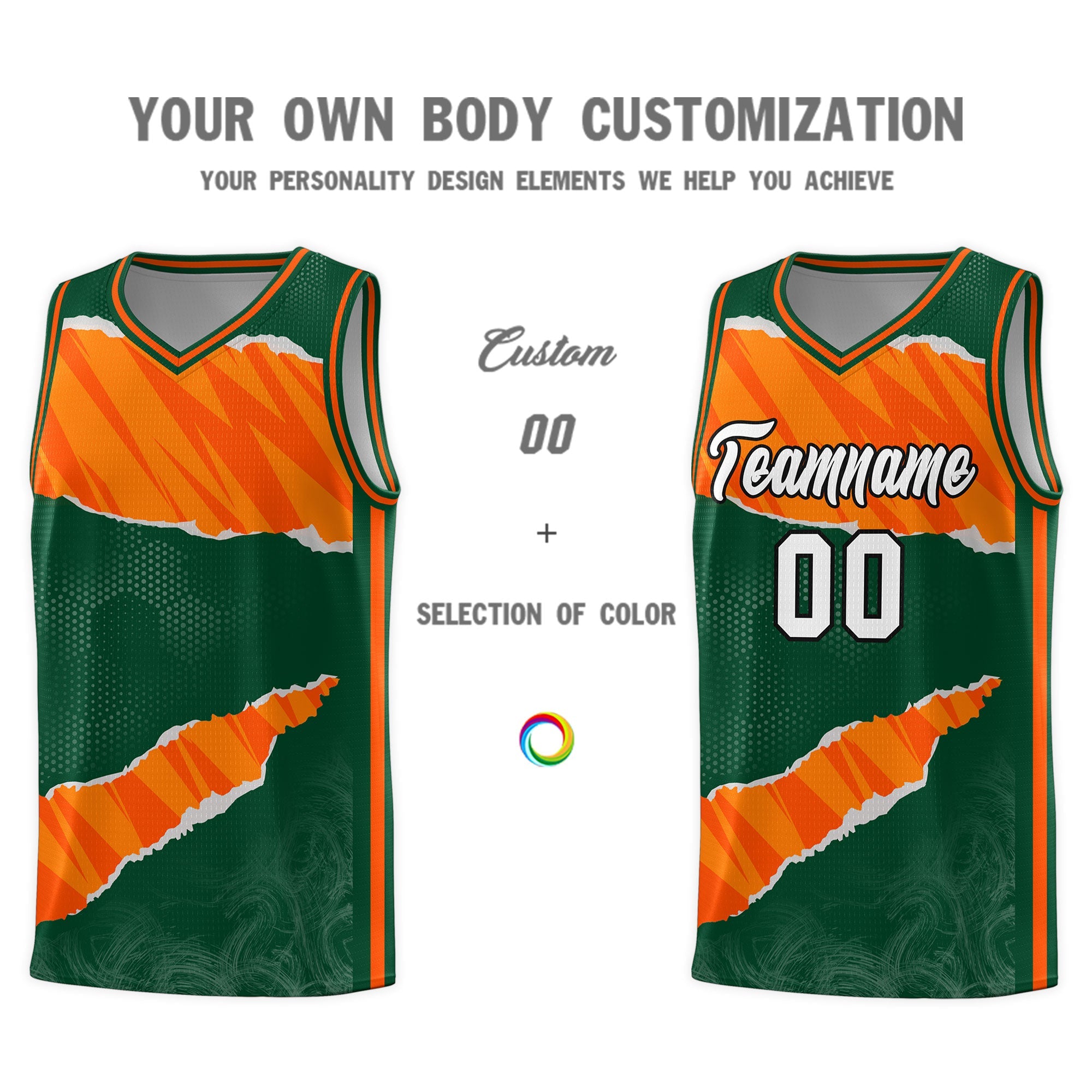 Custom Hunter Green Orange-Gold Tear Graffiti Pattern Sports Uniform Basketball Jersey