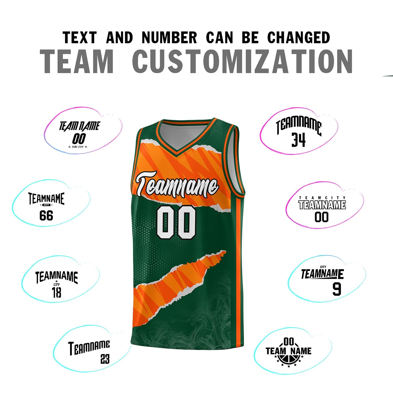 Custom Hunter Green Orange-Gold Tear Graffiti Pattern Sports Uniform Basketball Jersey