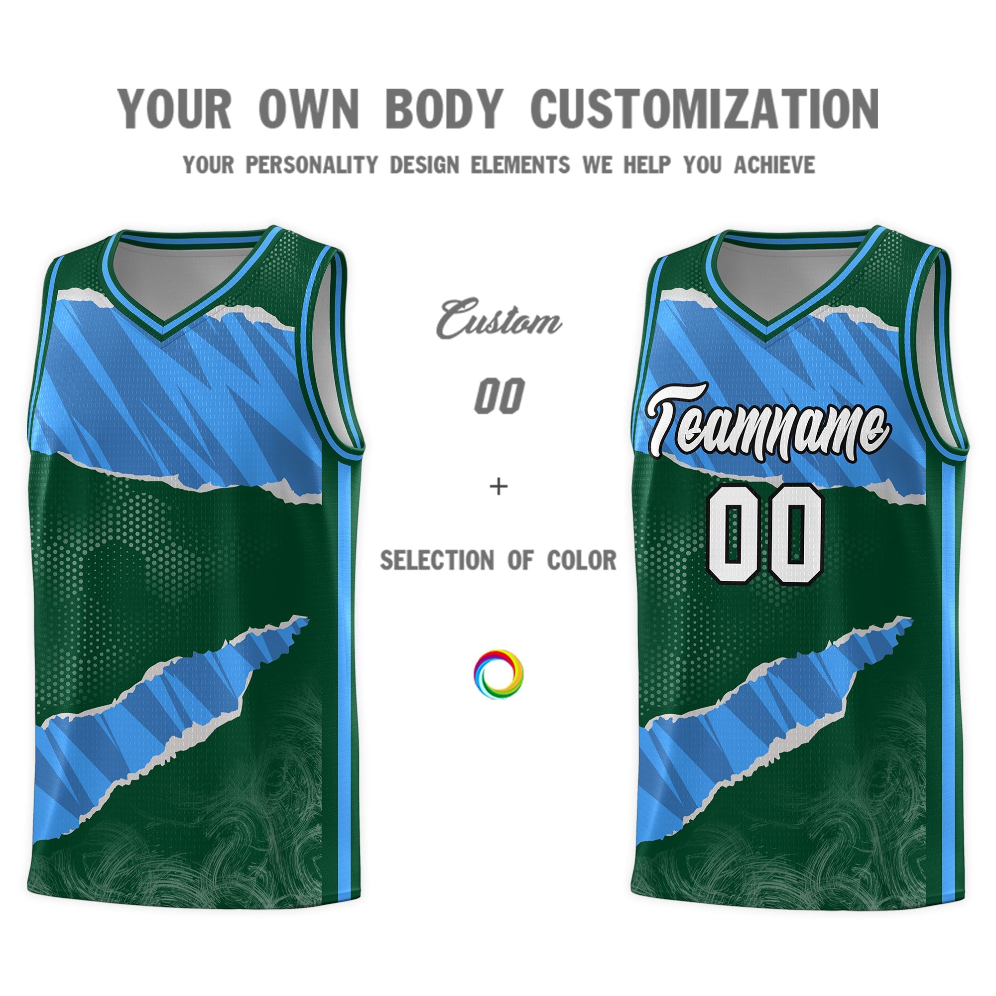 Custom Hunter Green Light Blue-Navy Tear Graffiti Pattern Sports Uniform Basketball Jersey