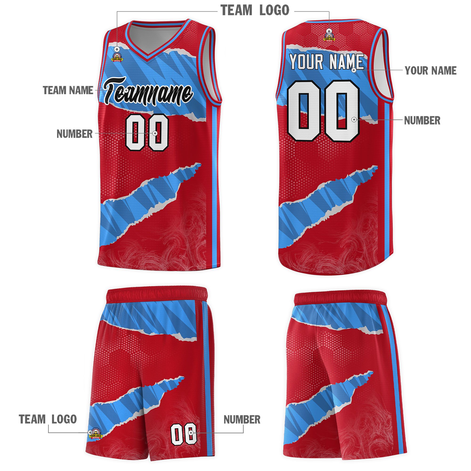 Custom Red Light Blue-Navy Tear Graffiti Pattern Sports Uniform Basketball Jersey