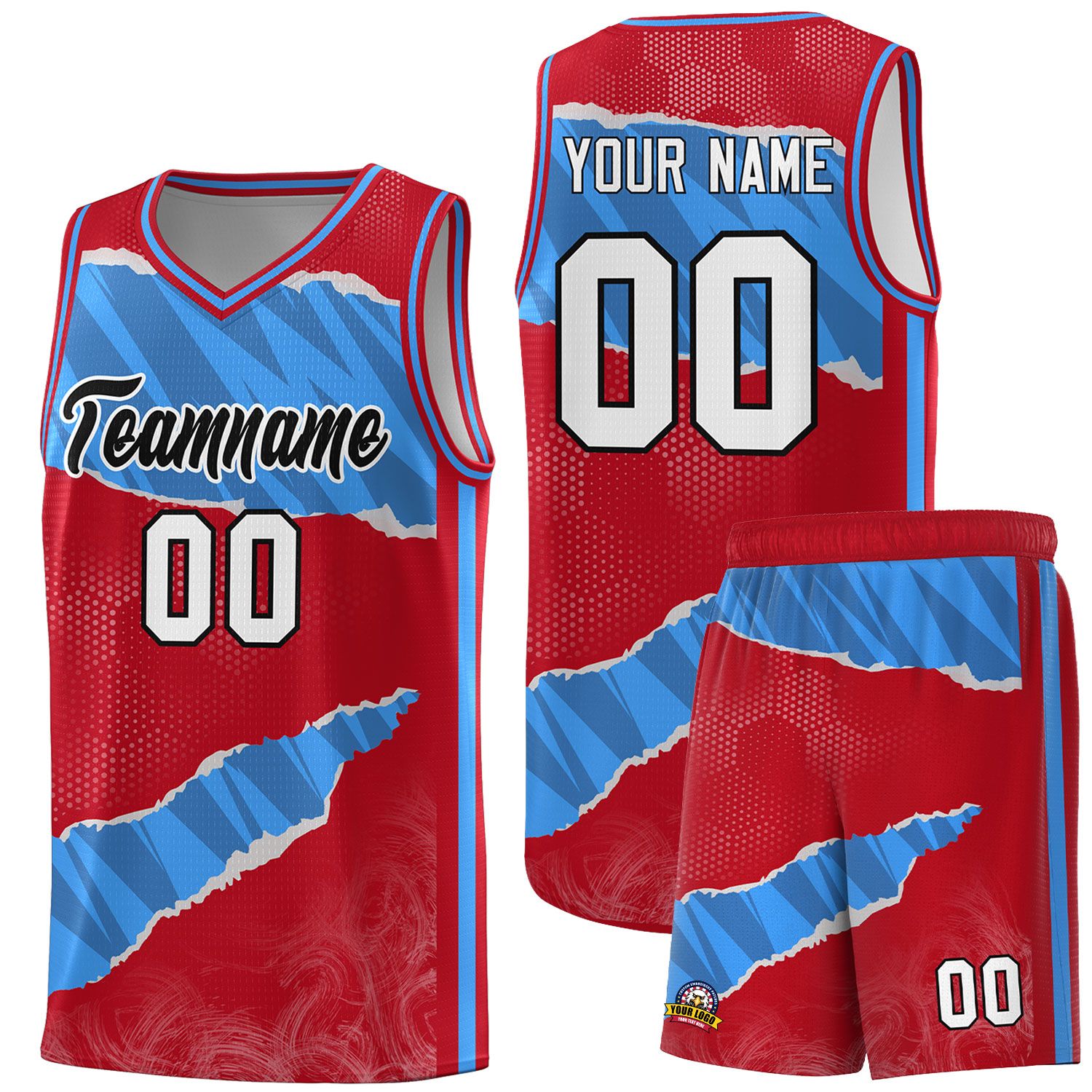 Custom Red Light Blue-Navy Tear Graffiti Pattern Sports Uniform Basketball Jersey