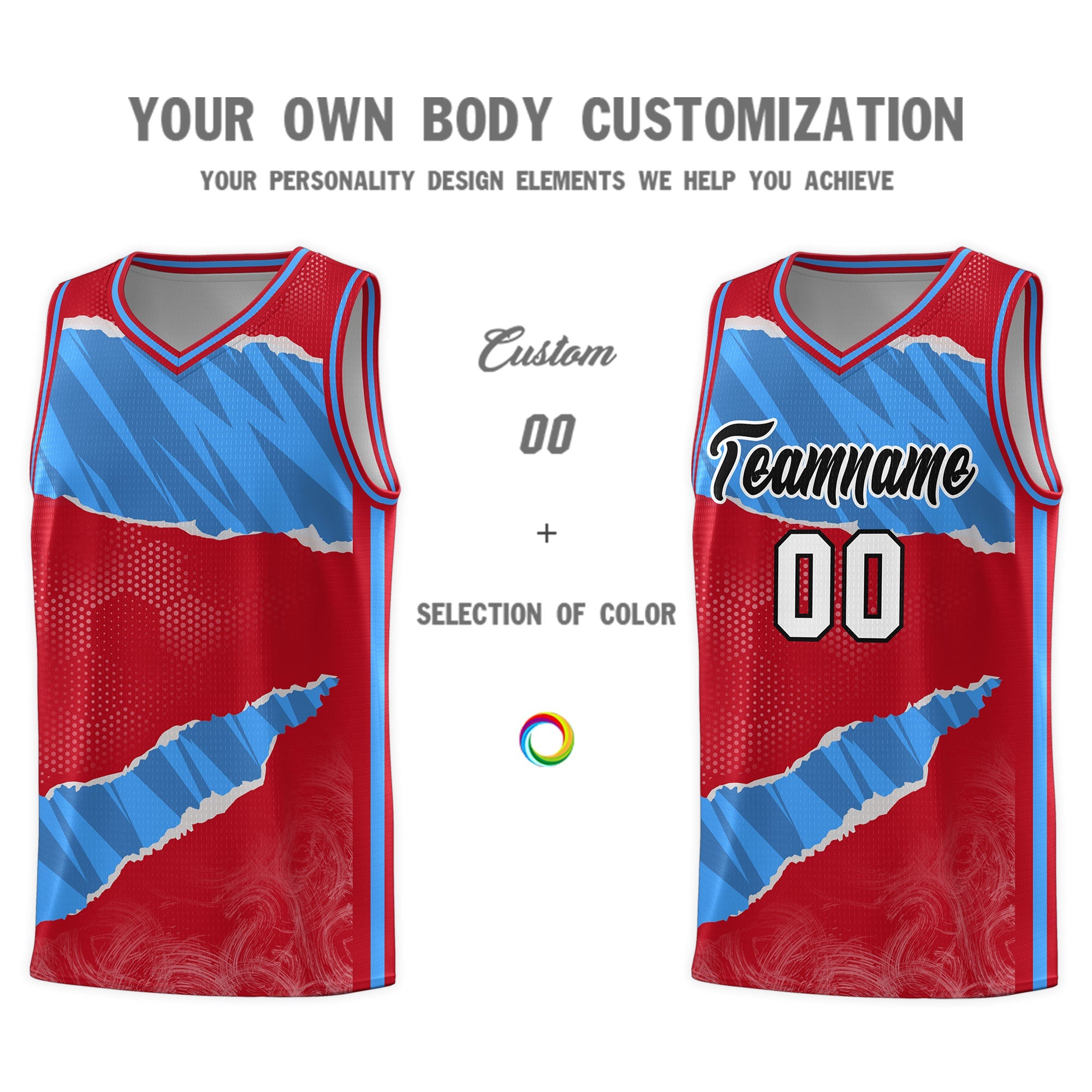 Custom Red Light Blue-Navy Tear Graffiti Pattern Sports Uniform Basketball Jersey