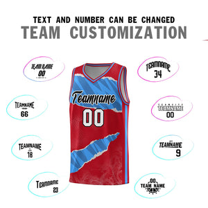 Custom Red Light Blue-Navy Tear Graffiti Pattern Sports Uniform Basketball Jersey