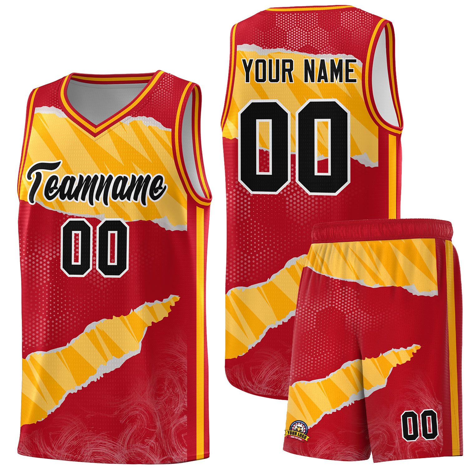 Custom Red Gold-White Tear Graffiti Pattern Sports Uniform Basketball Jersey