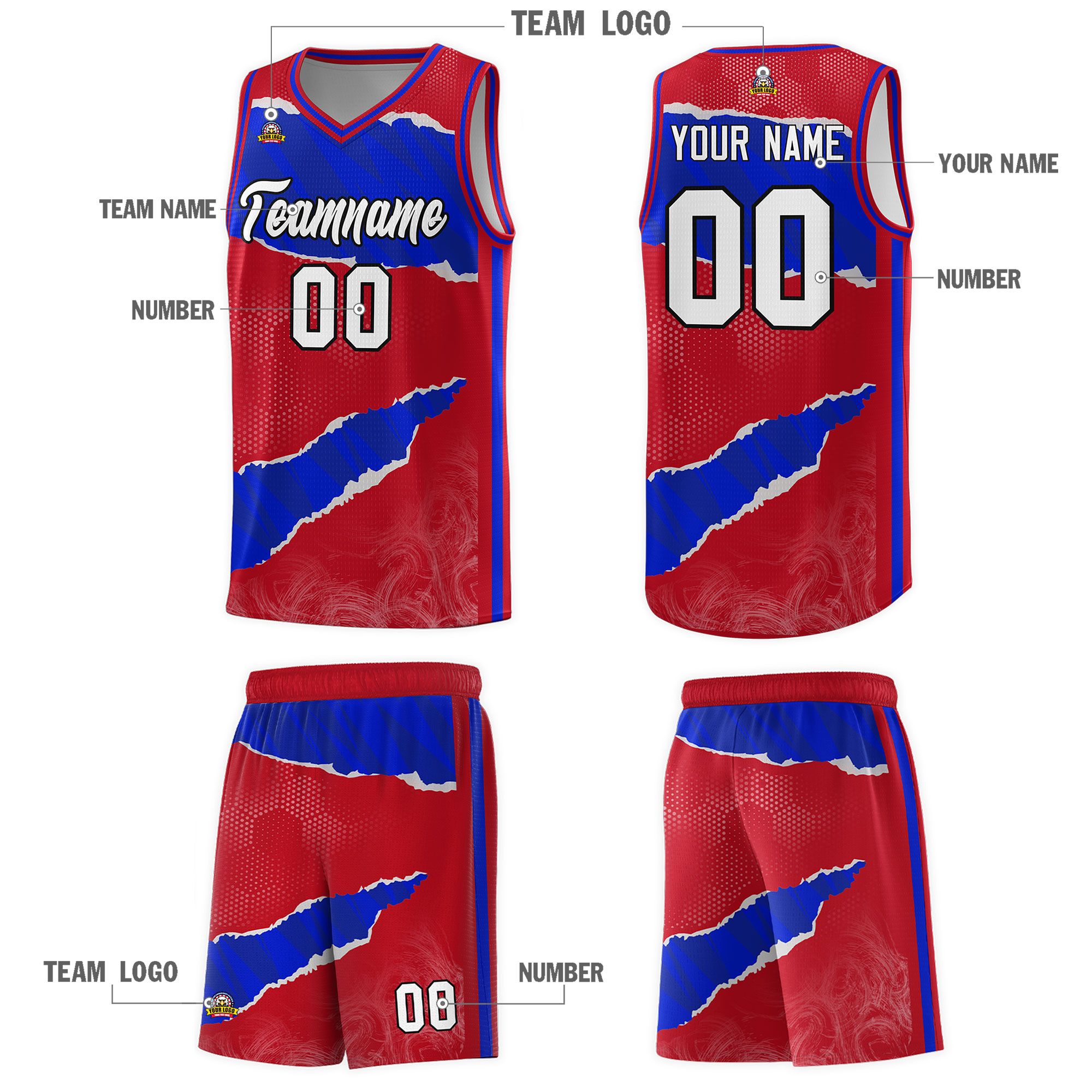 Custom Red Royal-Black Tear Graffiti Pattern Sports Uniform Basketball Jersey