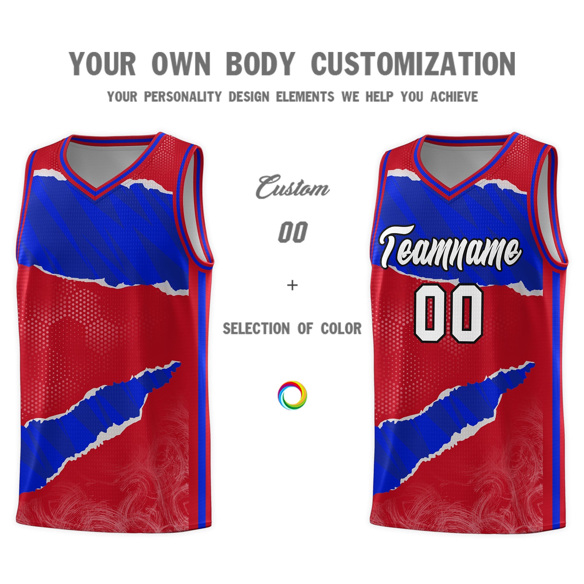 Custom Red Royal-Black Tear Graffiti Pattern Sports Uniform Basketball Jersey