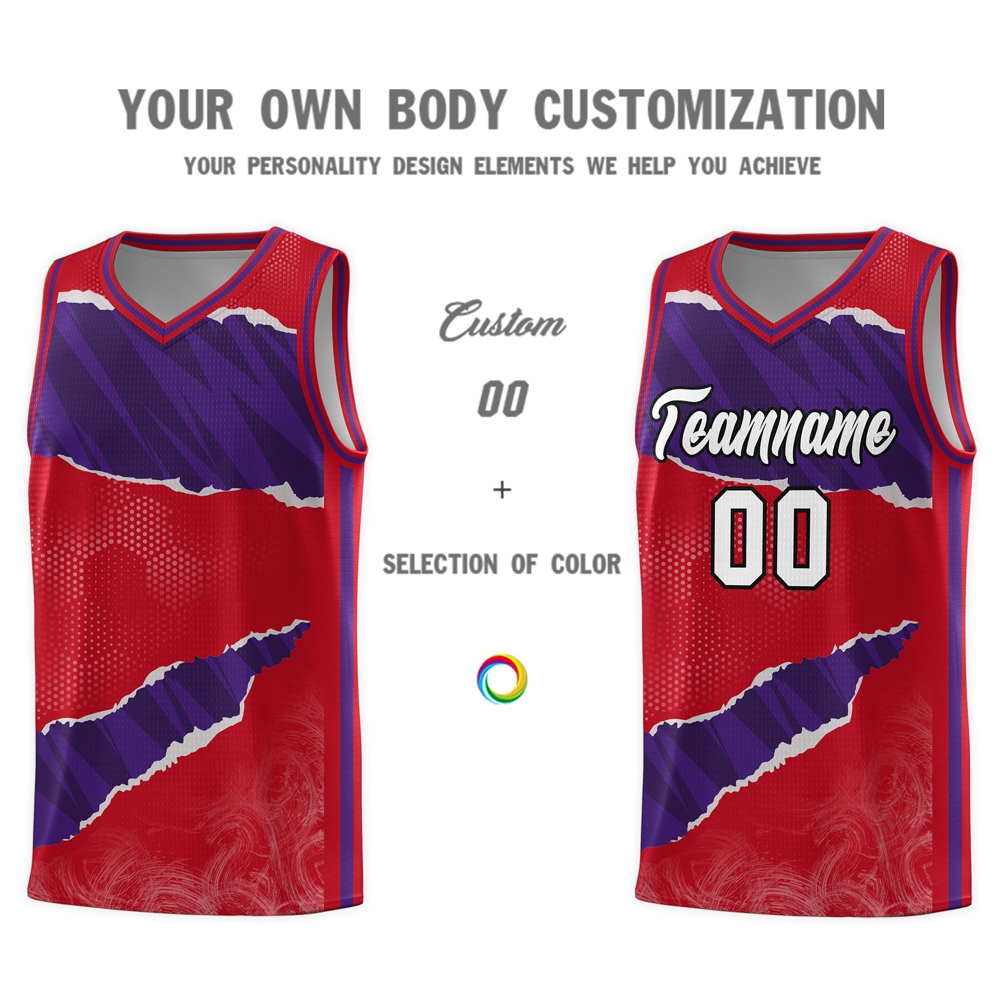 Custom Red Purple-Black Tear Graffiti Pattern Sports Uniform Basketball Jersey