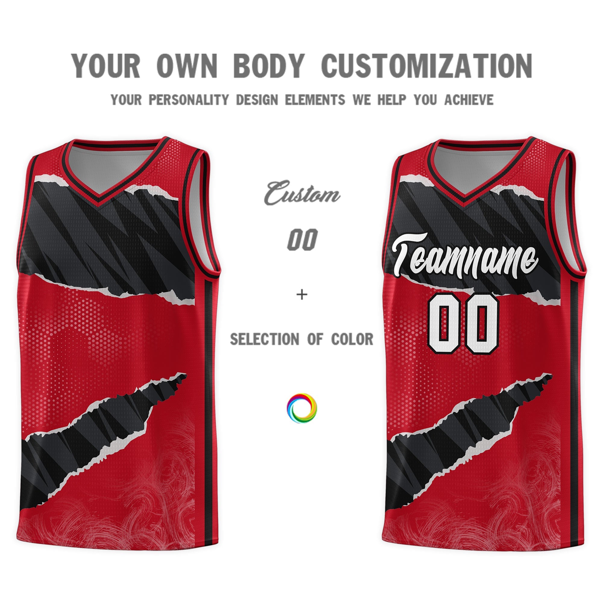 Custom Red Black-White Tear Graffiti Pattern Sports Uniform Basketball Jersey