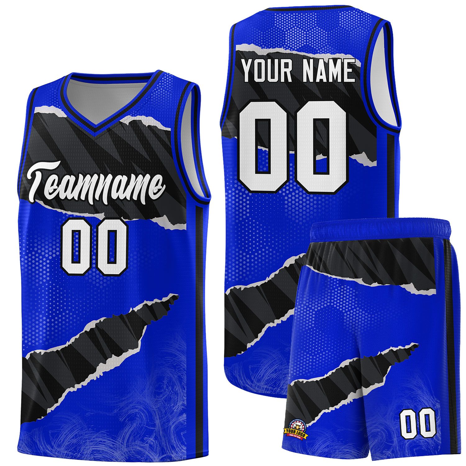 Custom Royal Black-White Tear Graffiti Pattern Sports Uniform Basketball Jersey