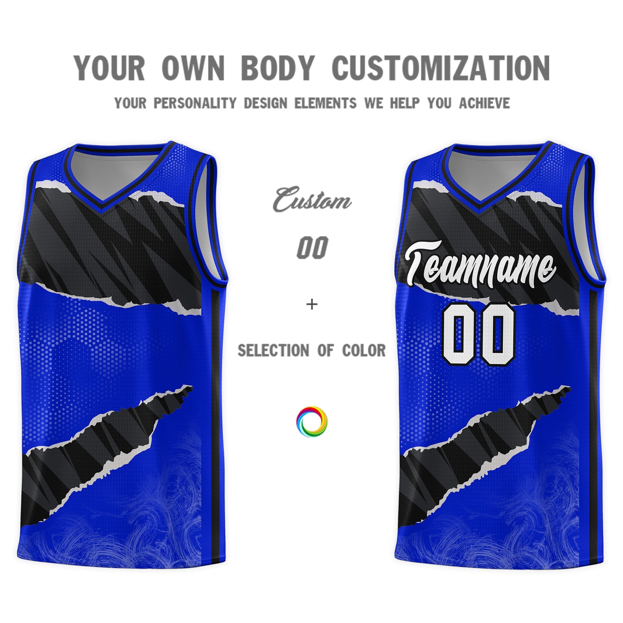 Custom Royal Black-White Tear Graffiti Pattern Sports Uniform Basketball Jersey