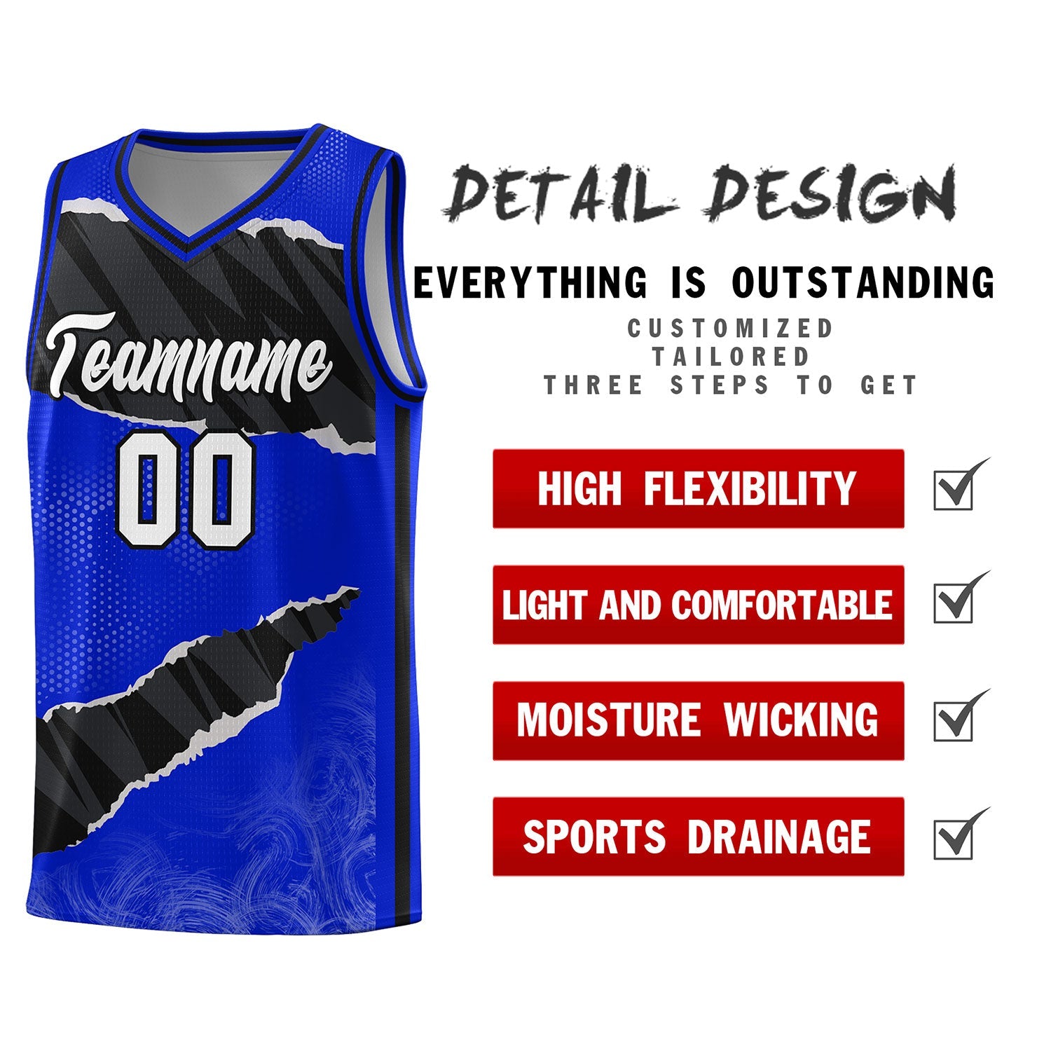 Custom Royal Black-White Tear Graffiti Pattern Sports Uniform Basketball Jersey