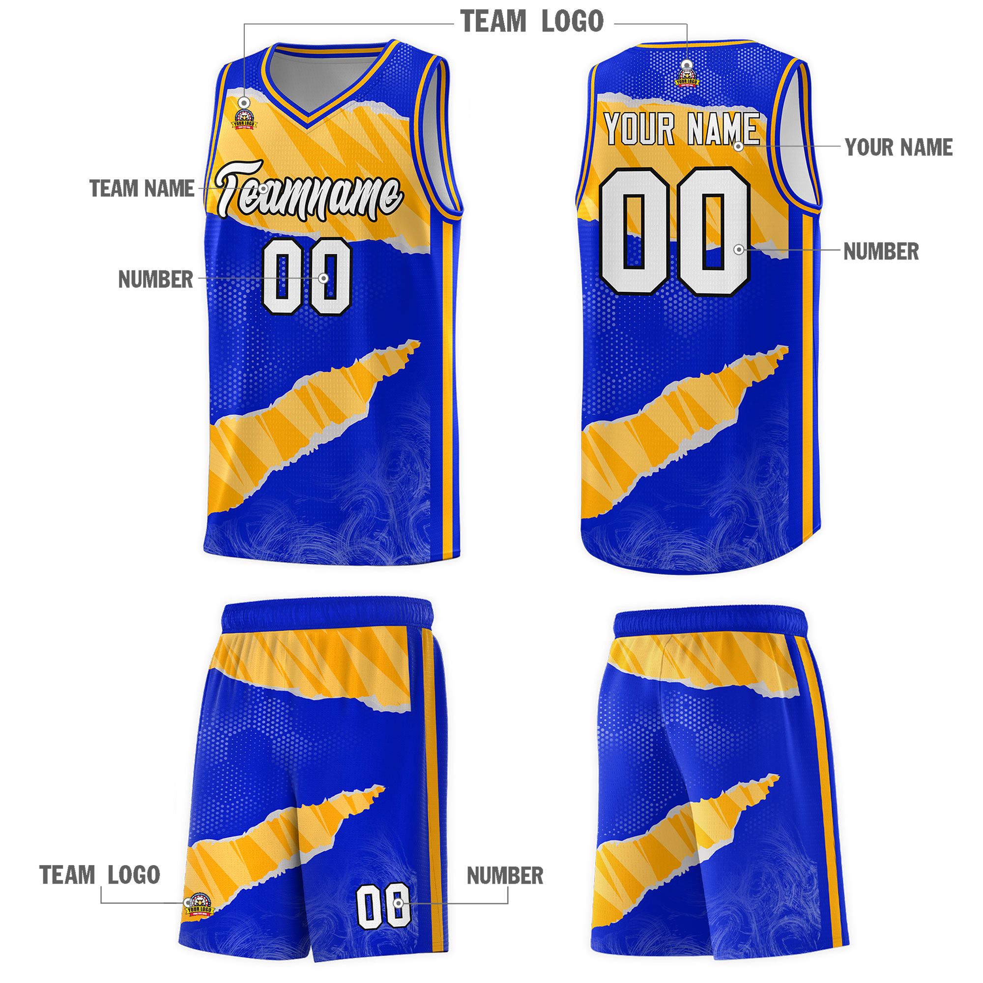 Custom Royal Gold-White Tear Graffiti Pattern Sports Uniform Basketball Jersey