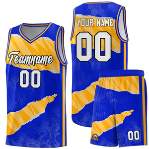 Custom Royal Gold-White Tear Graffiti Pattern Sports Uniform Basketball Jersey