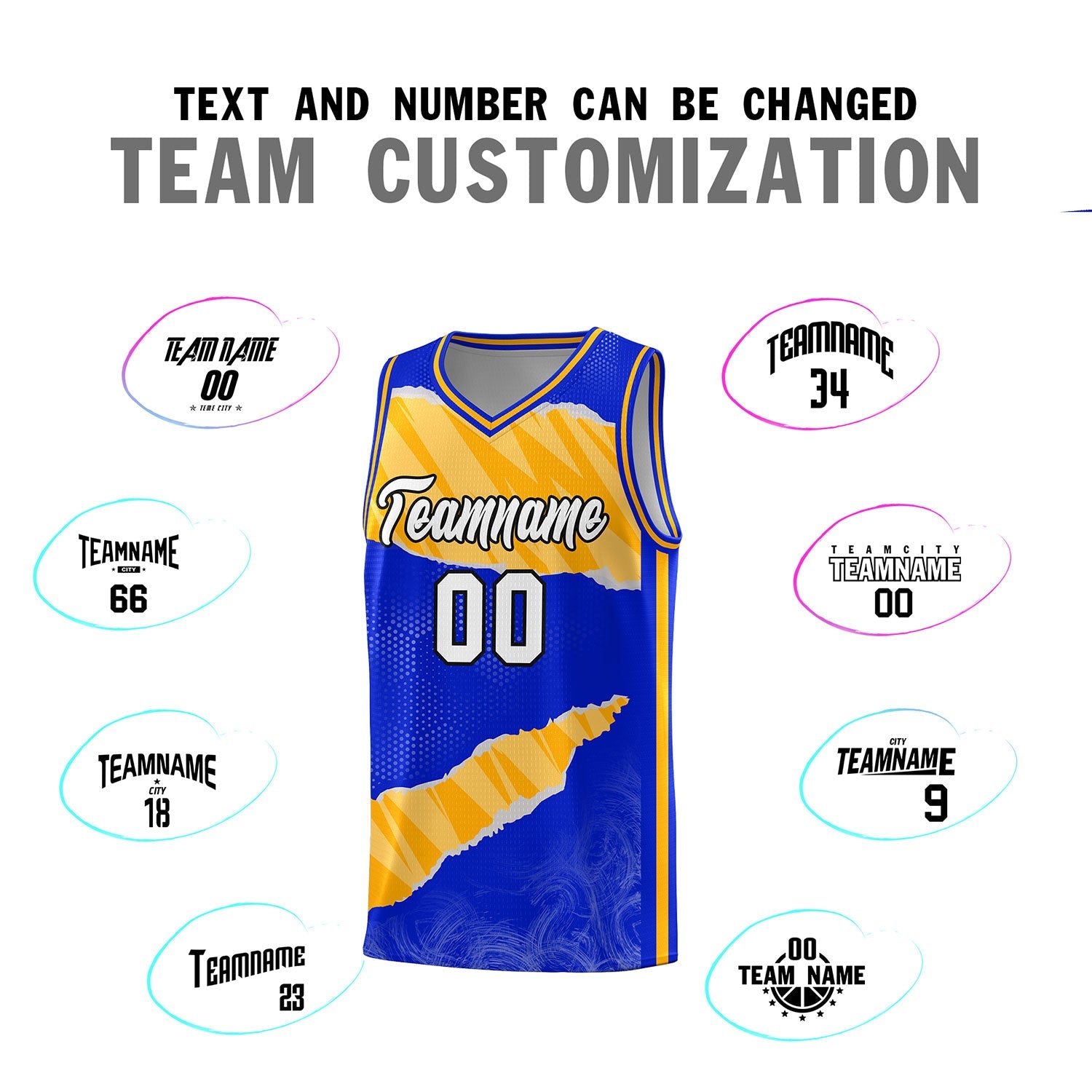 Custom Royal Gold-White Tear Graffiti Pattern Sports Uniform Basketball Jersey