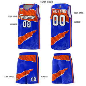 Custom Royal Orange-Black Tear Graffiti Pattern Sports Uniform Basketball Jersey