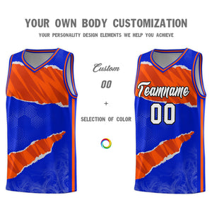 Custom Royal Orange-Black Tear Graffiti Pattern Sports Uniform Basketball Jersey