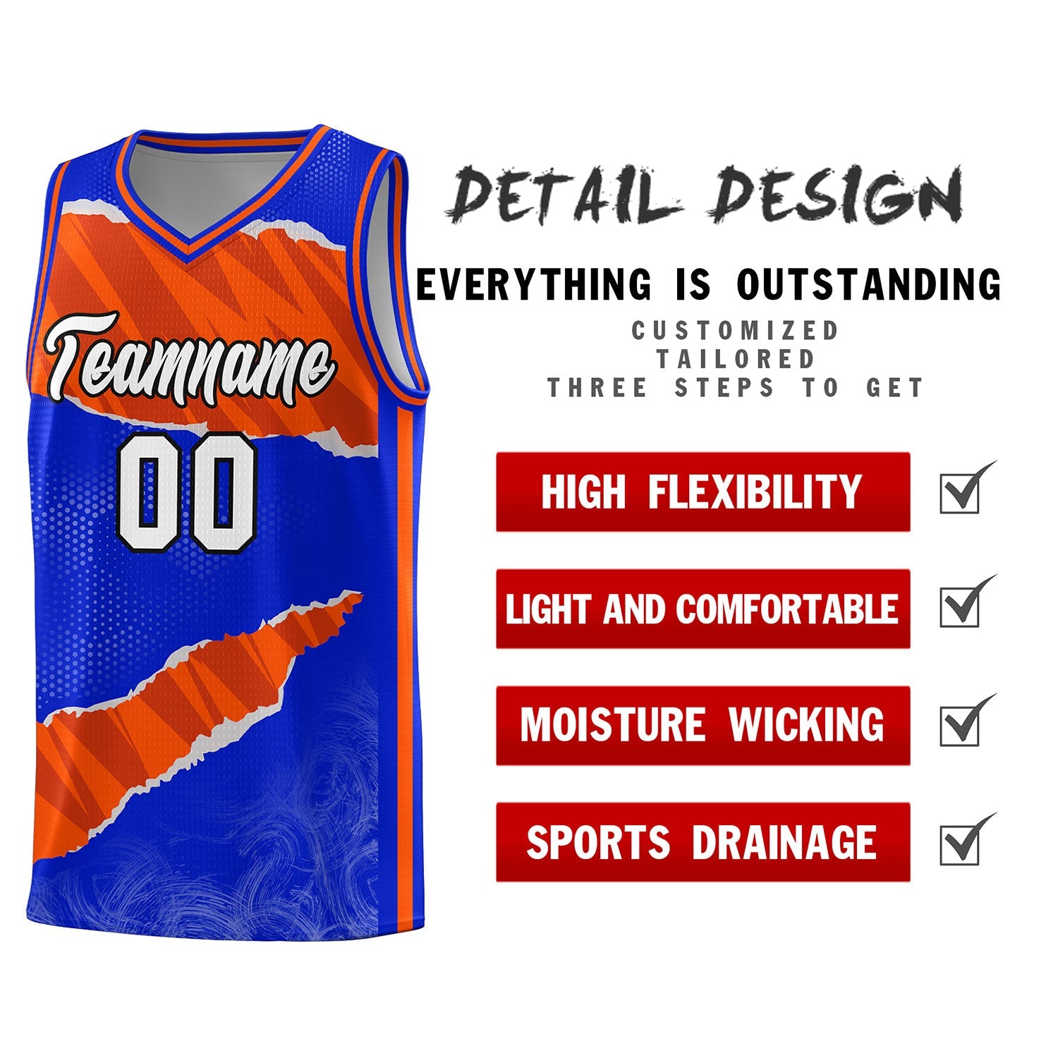 Custom Royal Orange-Black Tear Graffiti Pattern Sports Uniform Basketball Jersey