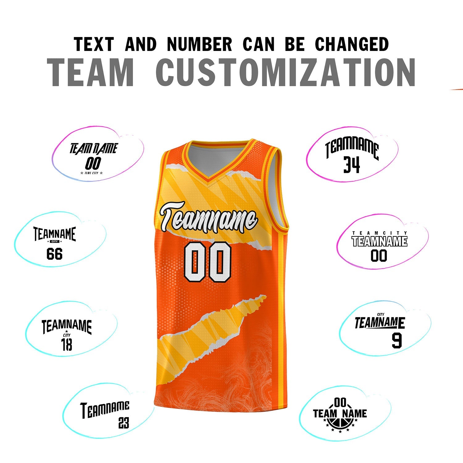 Custom Orange Yellow-White Tear Graffiti Pattern Sports Uniform Basketball Jersey