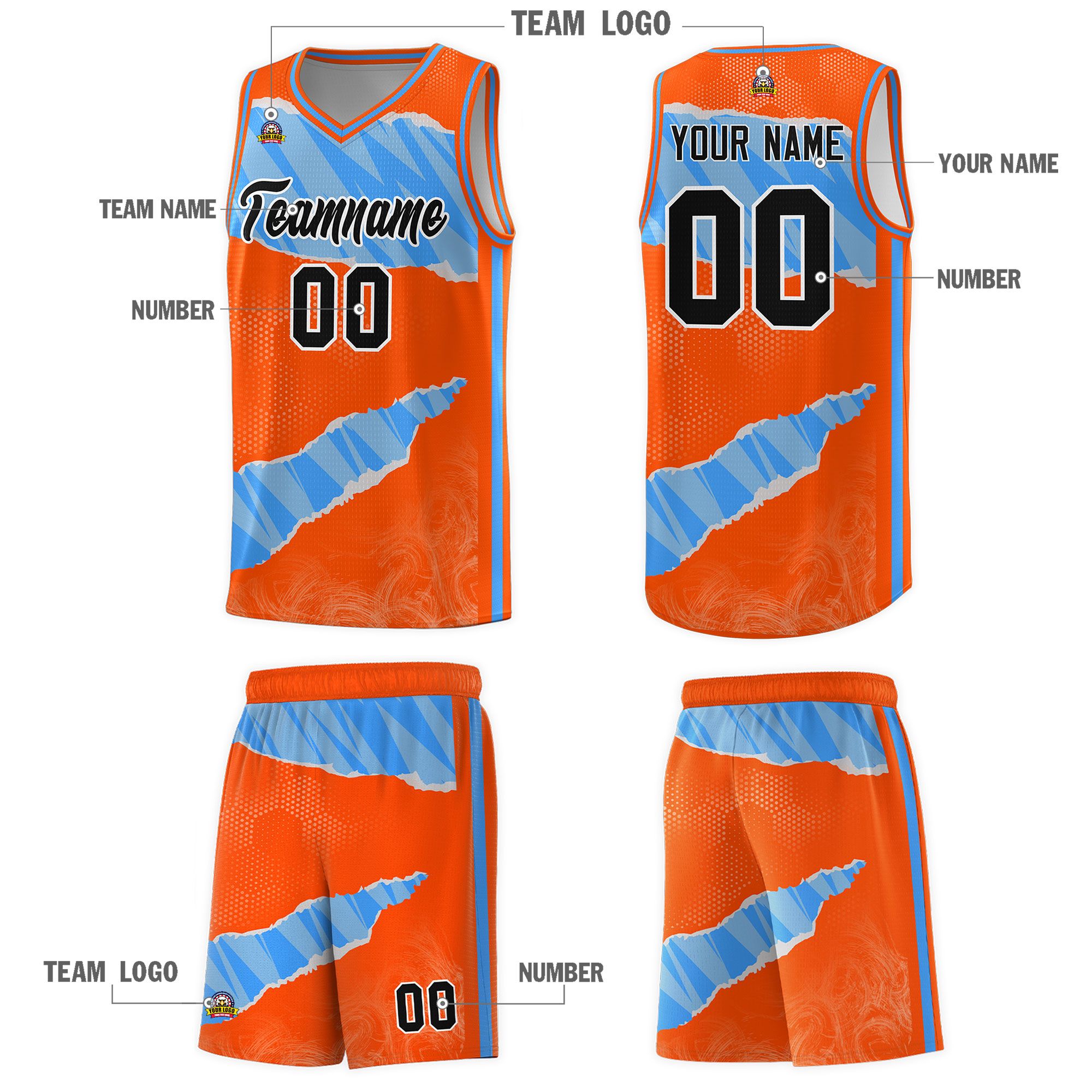 Custom Orange Light Blue-White Tear Graffiti Pattern Sports Uniform Basketball Jersey