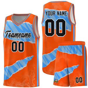 Custom Orange Light Blue-White Tear Graffiti Pattern Sports Uniform Basketball Jersey