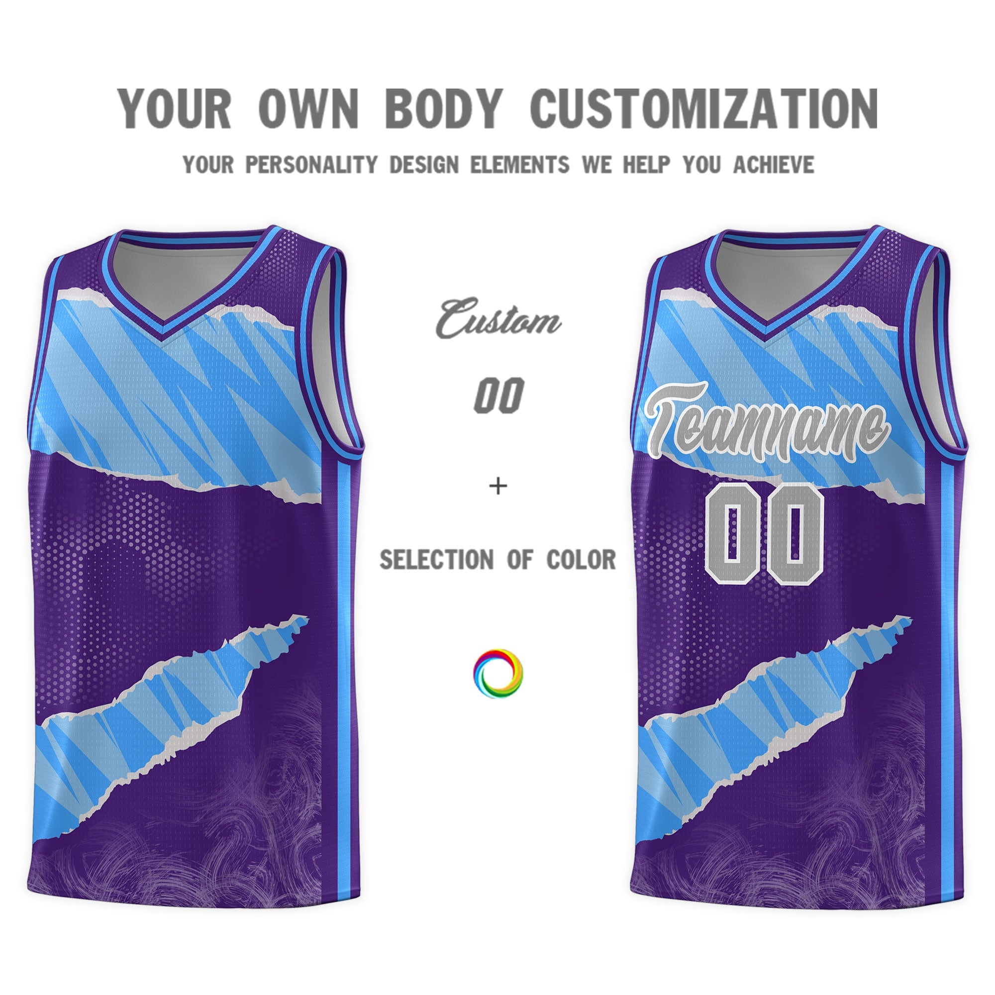 Custom Purple Light Blue-White Tear Graffiti Pattern Sports Uniform Basketball Jersey