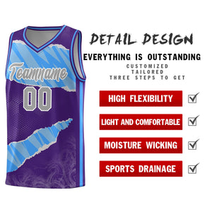 Custom Purple Light Blue-White Tear Graffiti Pattern Sports Uniform Basketball Jersey