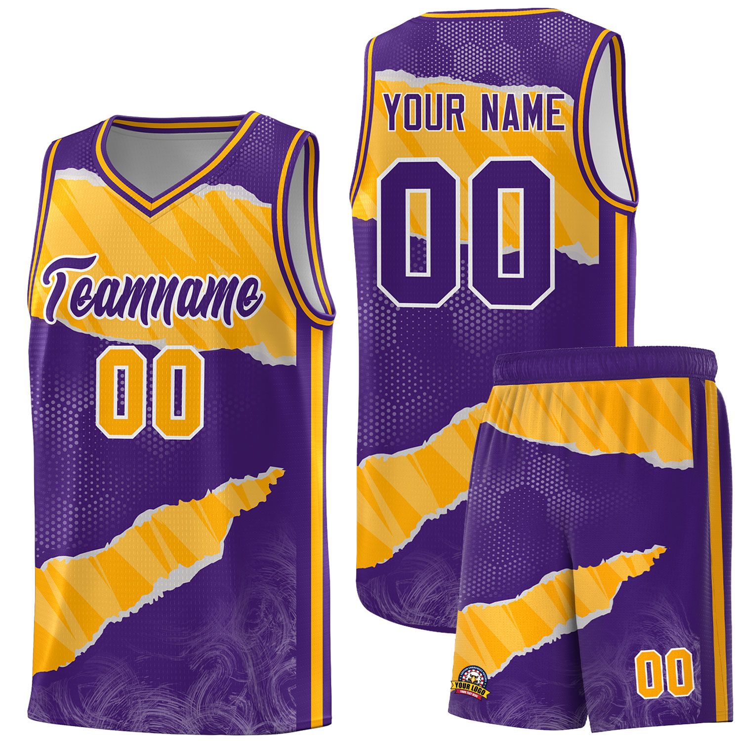 Custom Purple Yellow-White Tear Graffiti Pattern Sports Uniform Basketball Jersey