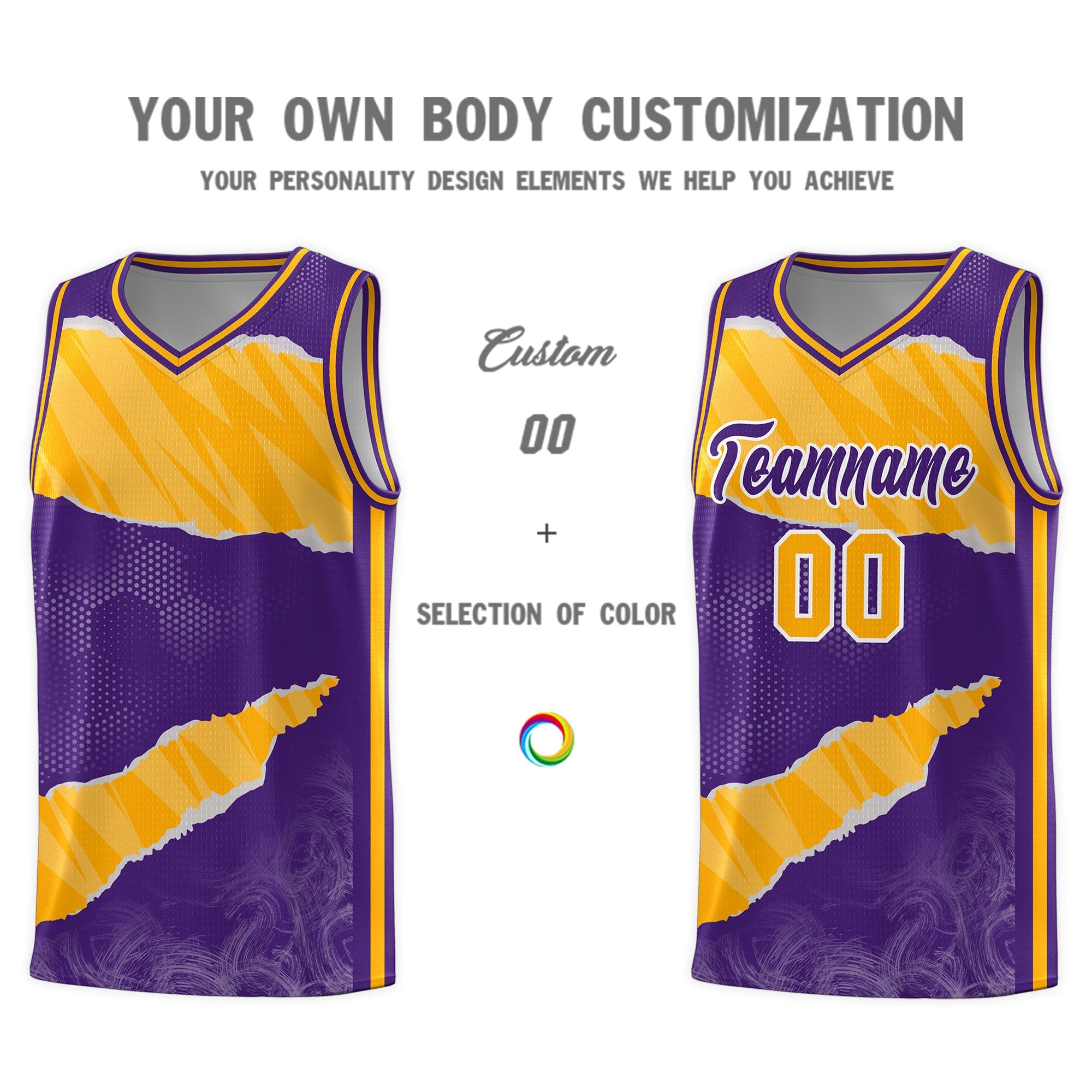 Custom Purple Yellow-White Tear Graffiti Pattern Sports Uniform Basketball Jersey