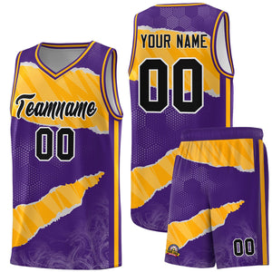 Custom Purple Yellow-White Tear Graffiti Pattern Sports Uniform Basketball Jersey