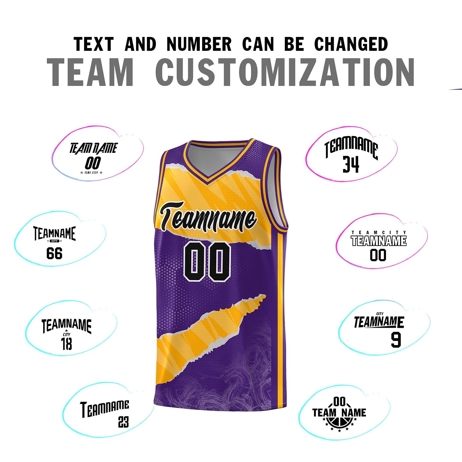 Custom Purple Yellow-White Tear Graffiti Pattern Sports Uniform Basketball Jersey