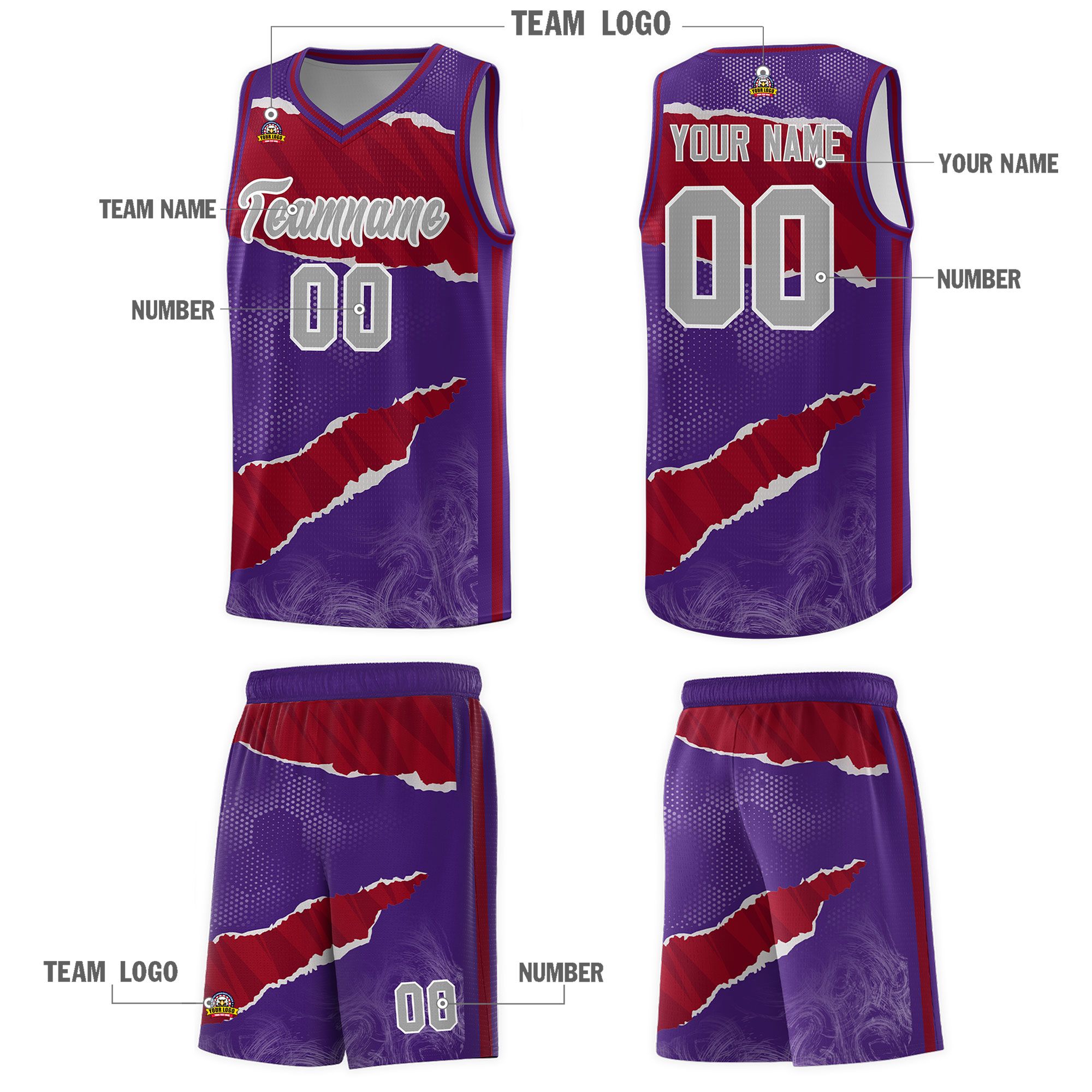 Custom Purple Crimson-Black Tear Graffiti Pattern Sports Uniform Basketball Jersey