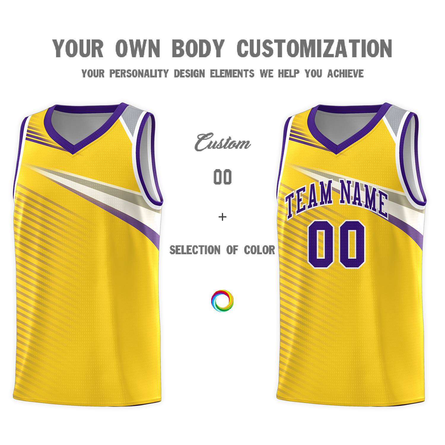 Custom Gold Purple-White Chest Color Block Sports Uniform Basketball Jersey