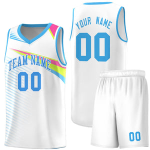 Custom White Powder Blue Chest Color Block Sports Uniform Basketball Jersey