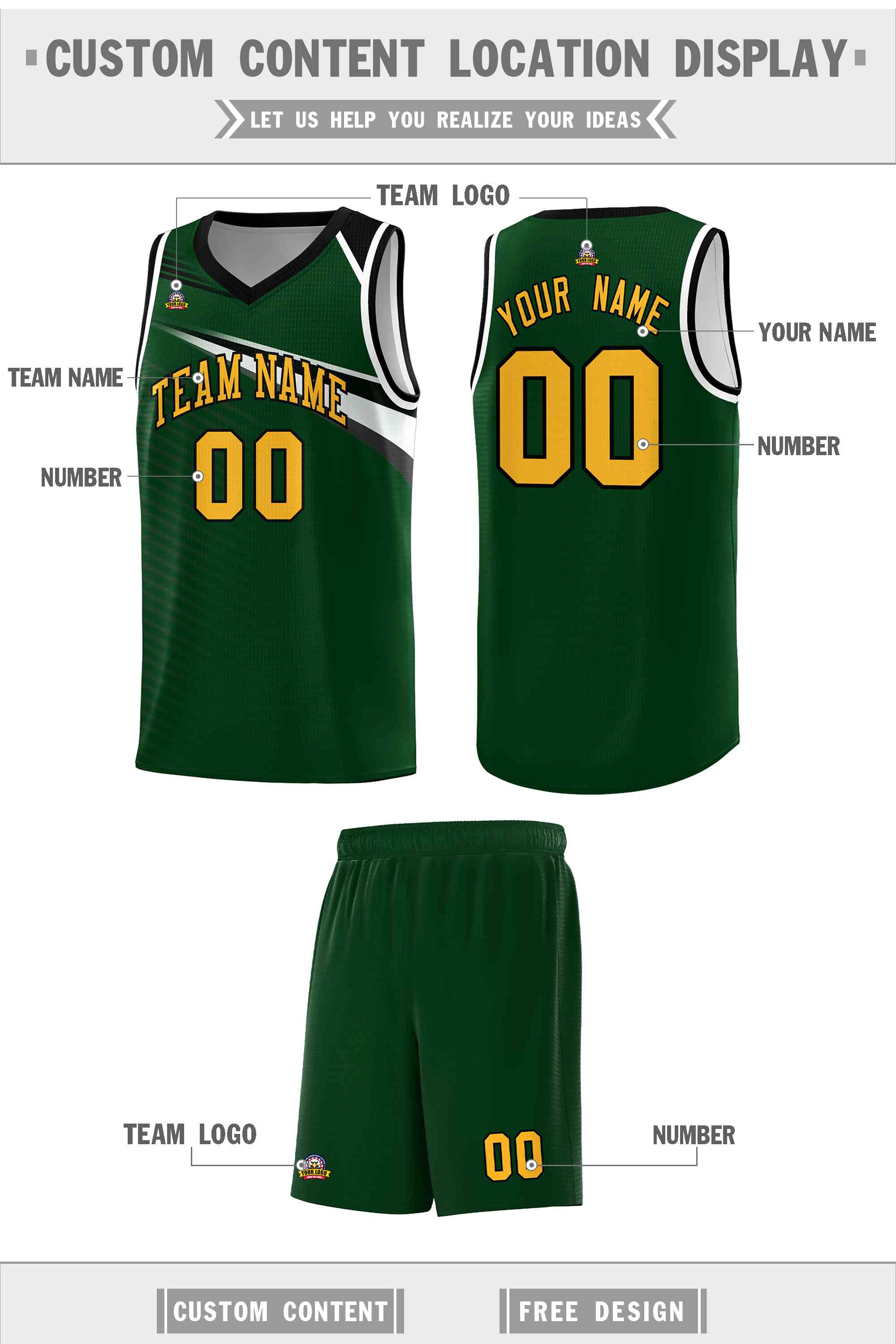 Custom Green Yellow-Black Chest Color Block Sports Uniform Basketball Jersey