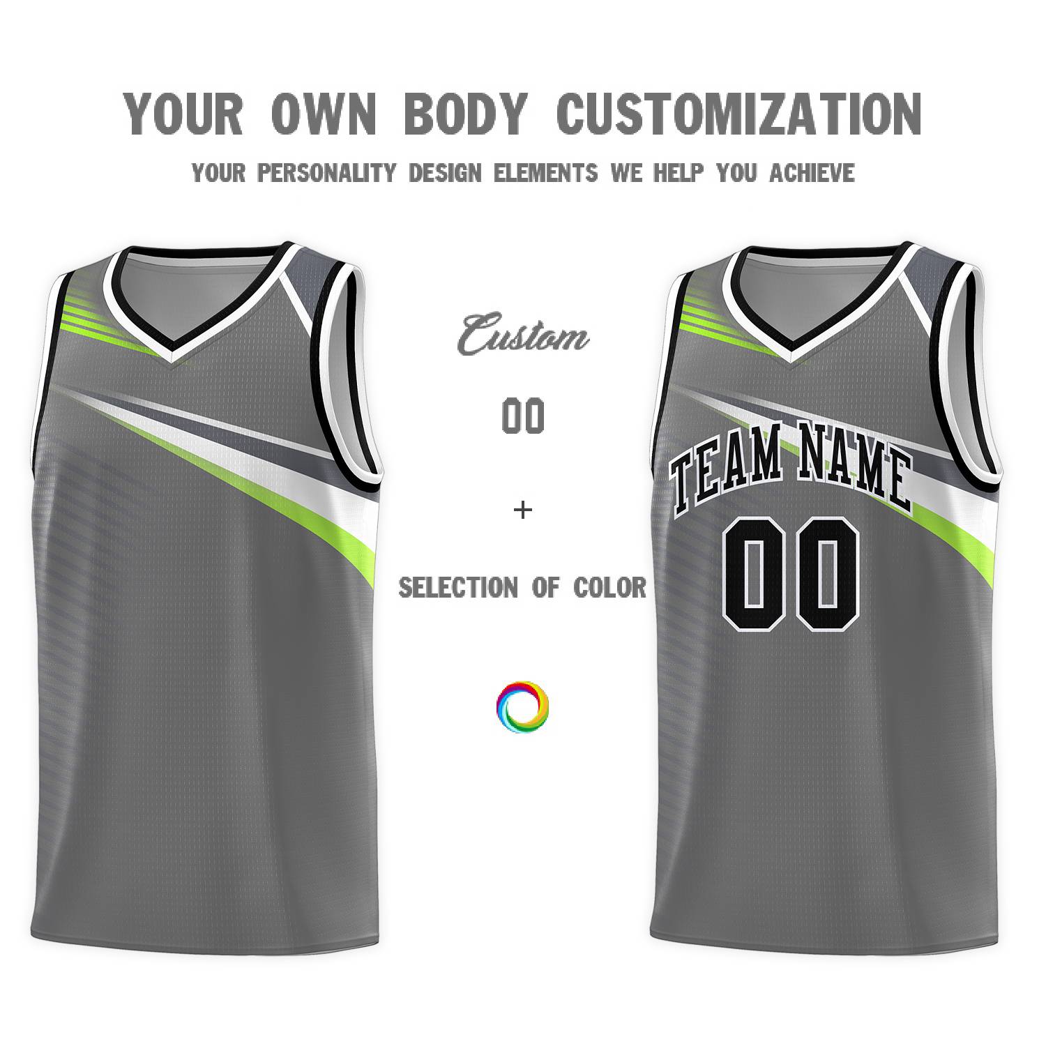 Custom Dark Gray Black-White Chest Color Block Sports Uniform Basketball Jersey