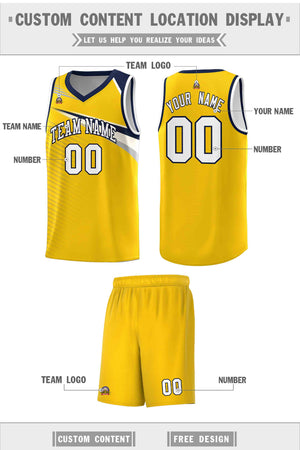 Custom Yellow White-Navy Chest Color Block Sports Uniform Basketball Jersey