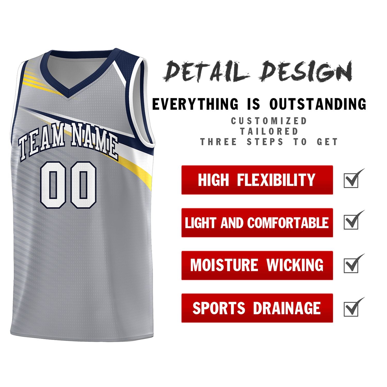 Custom Gray White-Navy Chest Color Block Sports Uniform Basketball Jersey