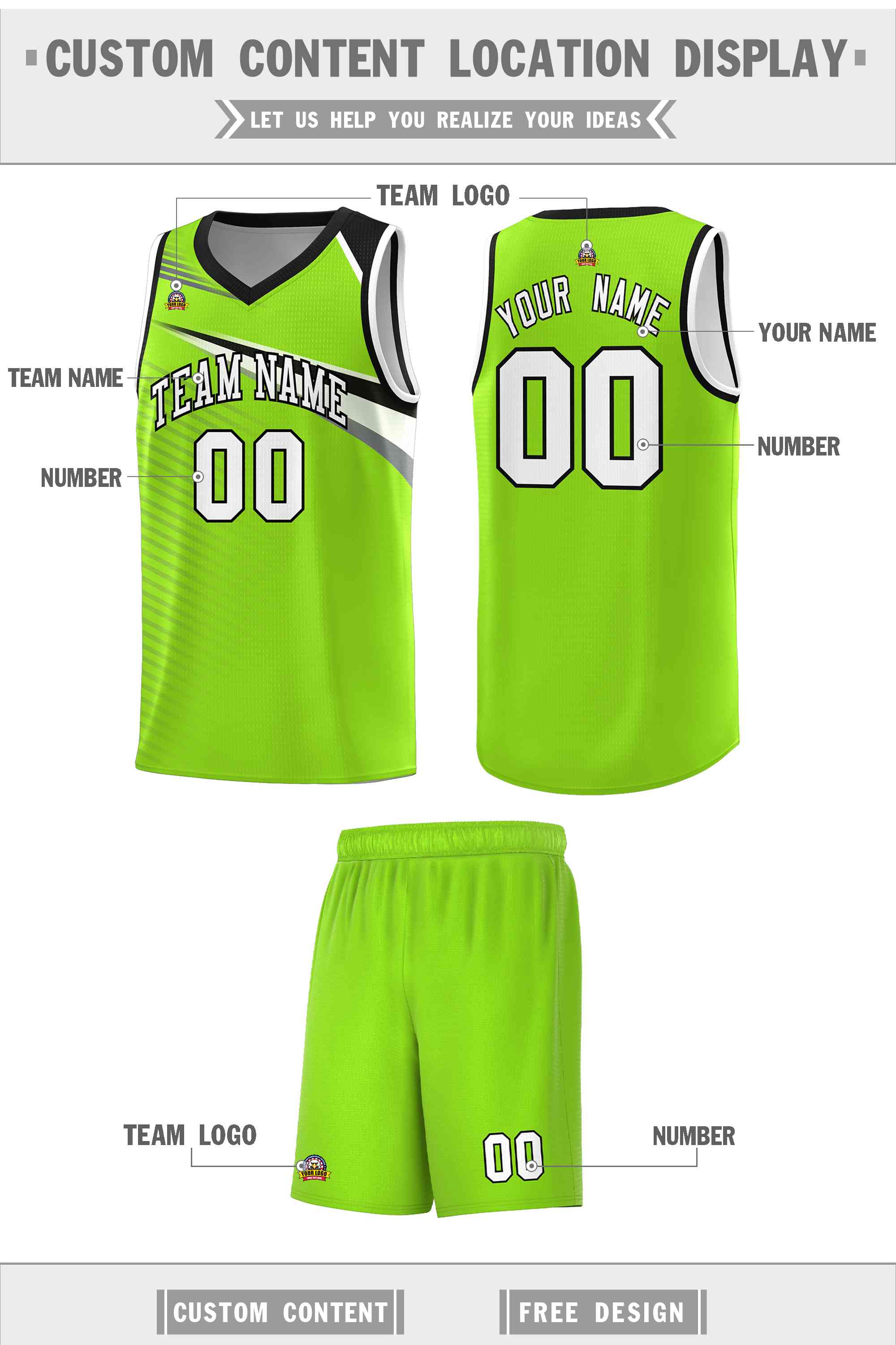 Custom Neon Green White-Black Chest Color Block Sports Uniform Basketball Jersey